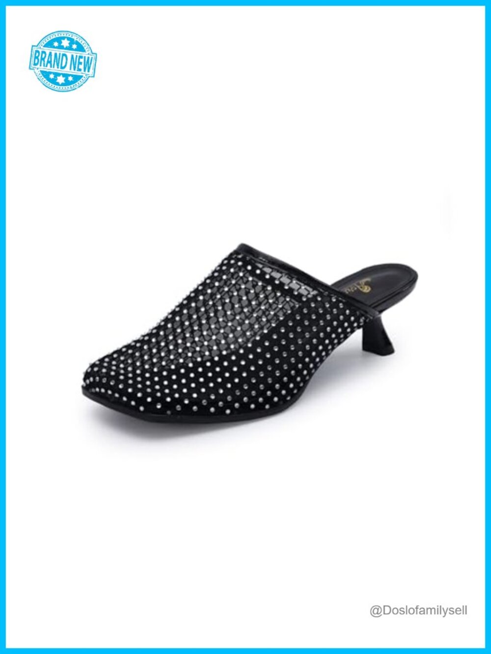 Rhinestone Mesh Mules Slip On Square Toe Kitten Heel Dress Shoes